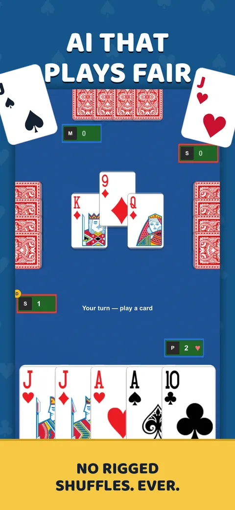 Euchre gameplay with fair AI — no rigged shuffles