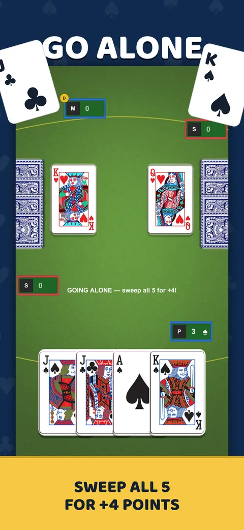 Going alone — sweep all 5 tricks for 4 points